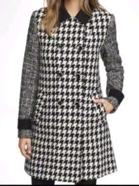 Express Wool Blend Houndstooth Black White Double Breasted Peacoat M NWT